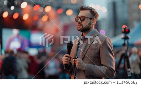 Reporter Covering Evening Cultural Festival Live Reporter Covering Evening Cultural Festival Live 113450562