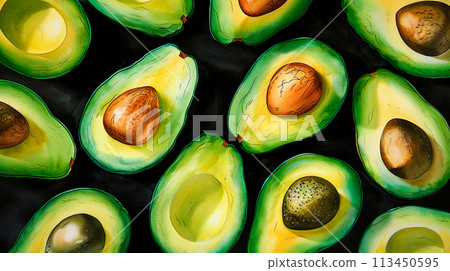 A lot of avocado watercolor illustration background 113450595