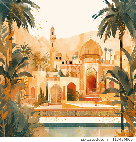 Morocco A painting of a city with a large building in the center. The building has a dome on top and is surrounded by palm trees. The painting has a warm, tropical feel to it 113450906