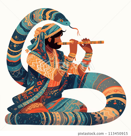 A man playing a flute next to a large blue snake. The snake is curled up and the man is sitting on the ground A man playing a flute next to a large blue snake. The snake is curled up and the man is sitting on the ground 113450915
