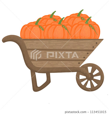 Cartoon wooden wheelbarrow with pumpkins full of the wheelbarrow. 113451015