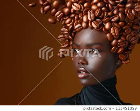 Elegant woman with a coffee beans surreal hairdo on a brown background with copy space Elegant woman with a coffee beans surreal hairdo on a brown background with copy space 113451059