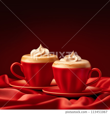 Two red cups with creamy coffee on a silk background with copy space 113451067