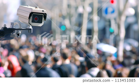 CCTV camera focused on a dense crowd on a city street 113451085