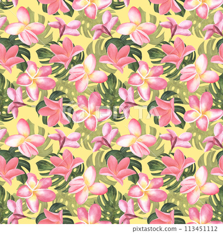 Seamless floral pattern pink plumeria flowers pastel background. Illustration watercolor hand drawing. For fabric print design texture. yellow background Seamless floral pattern pink plumeria flowers pastel background. Illustration watercolor hand drawing. For fabric print design texture. yellow background 113451112