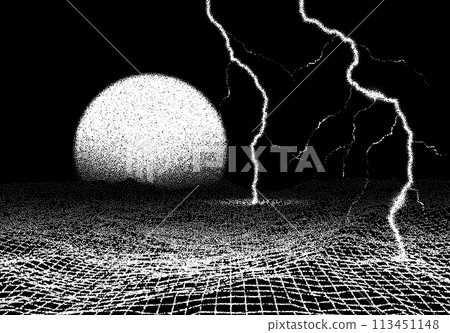 Space landscape with lightning strike in retro book style. Dotwork scene with grid terrain, and thunderbolt Space landscape with lightning strike in retro book style. Dotwork scene with grid terrain, and thunderbolt 113451148