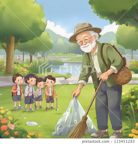 Old man collecting trash in the park 113451283