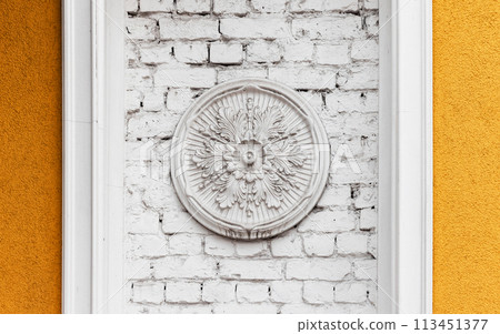 Classic architecture details, white round bas-relief decoration element 113451377