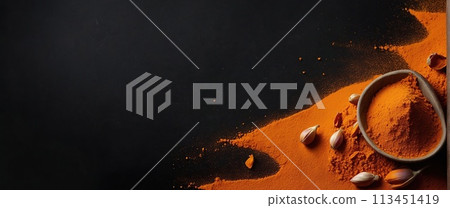 Saffron (powder) on a black background. 113451419