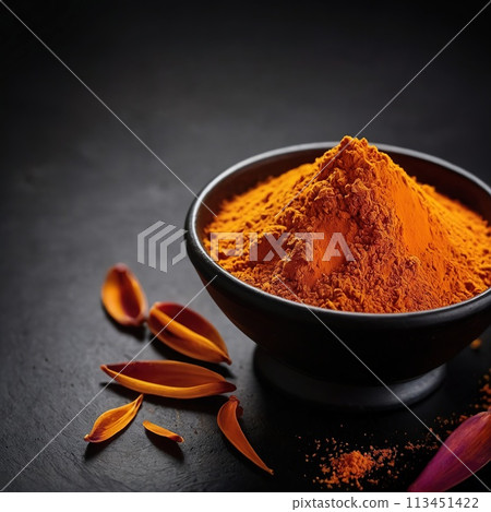 Saffron (powder) on a black background. 113451422