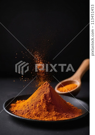 Saffron (powder) on a black background. 113451453
