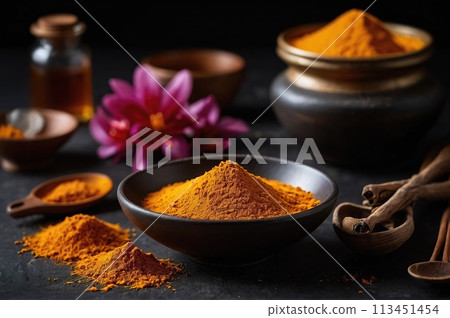Saffron (powder) on a black background. Saffron (powder) on a black background. 113451454