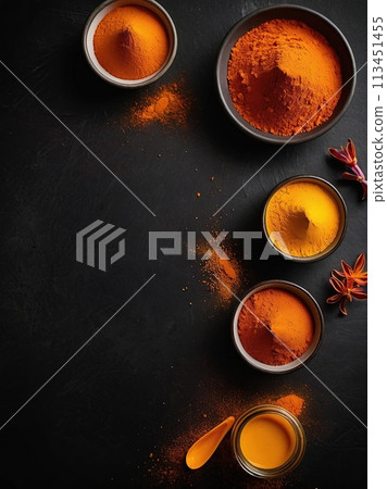Saffron (powder) on a black background. 113451455