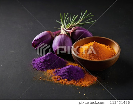 Saffron (powder) on a black background. Saffron (powder) on a black background. 113451456