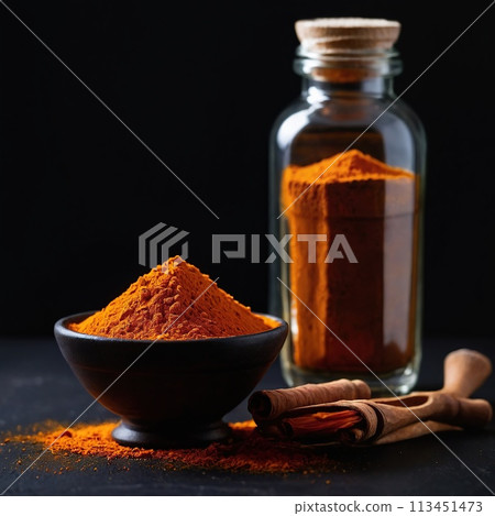 Saffron (powder) on a black background. 113451473