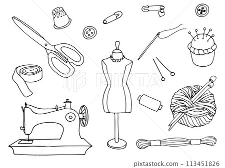 Hand drawn sewing accessories in black color on white background. Vector illustration 113451826