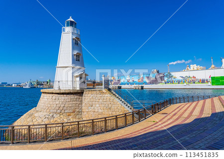 Sakai City, Osaka Prefecture: The old wooden Sakai Lighthouse stands out against the blue sky Sakai City, Osaka Prefecture: The old wooden Sakai Lighthouse stands out against the blue sky 113451835