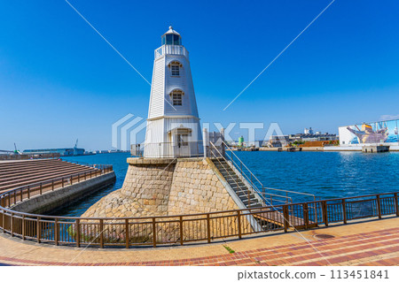 Sakai City, Osaka Prefecture: The old wooden Sakai Lighthouse stands out against the blue sky Sakai City, Osaka Prefecture: The old wooden Sakai Lighthouse stands out against the blue sky 113451841