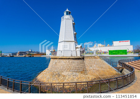 Sakai City, Osaka Prefecture: The old wooden Sakai Lighthouse stands out against the blue sky Sakai City, Osaka Prefecture: The old wooden Sakai Lighthouse stands out against the blue sky 113451854