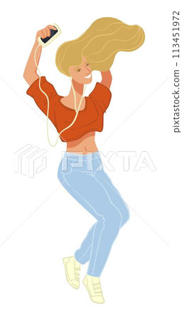 Teenager female listening to music and dancing Teenager female listening to music and dancing 113451972