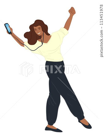 Woman with smartphone listening to happy music 113451978