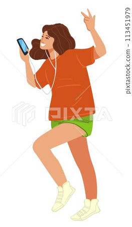 Woman with cell phone listening to music vector 113451979