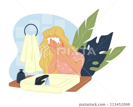 Woman washing face with foamy product, cosmetics Woman washing face with foamy product, cosmetics 113452099
