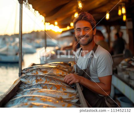 Young fishmonger with fresh catch fish market. Healthy seafood concept for design and lifestyle Young fishmonger with fresh catch fish market. Healthy seafood concept for design and lifestyle 113452132