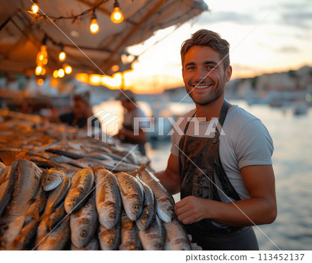 Young fishmonger with fresh catch fish market. Healthy seafood concept for design and lifestyle Young fishmonger with fresh catch fish market. Healthy seafood concept for design and lifestyle 113452137