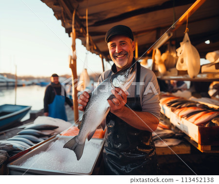 Young fishmonger with fresh catch fish market. Healthy seafood concept for design and lifestyle Young fishmonger with fresh catch fish market. Healthy seafood concept for design and lifestyle 113452138