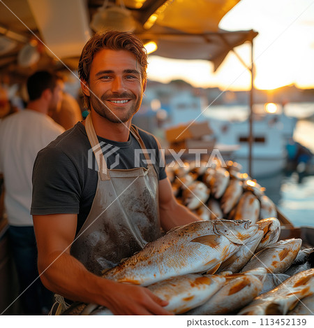 Young fishmonger with fresh catch fish market. Healthy seafood concept for design and lifestyle Young fishmonger with fresh catch fish market. Healthy seafood concept for design and lifestyle 113452139