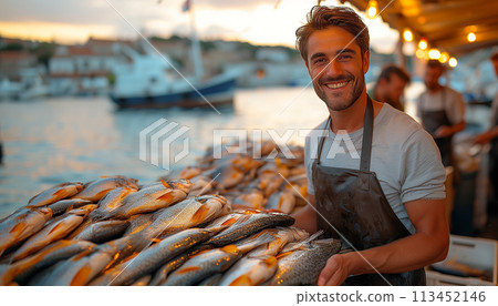 Young fishmonger with fresh catch fish market. Healthy seafood concept for design and lifestyle Young fishmonger with fresh catch fish market. Healthy seafood concept for design and lifestyle 113452146