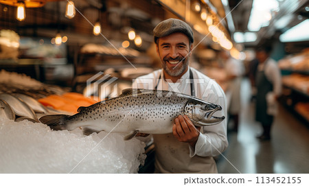 Fishmonger with fresh catch fish market. Healthy seafood concept for design and lifestyle Fishmonger with fresh catch fish market. Healthy seafood concept for design and lifestyle 113452155