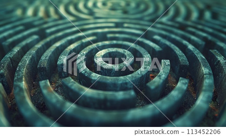 A close up of a circular maze with many different paths, AI 113452206