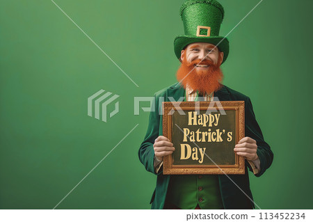 Man hat green traditional Irish attire holding Happy St. Patrick's Day sign. Copy space. Man hat green traditional Irish attire holding Happy St. Patrick's Day sign. Copy space. 113452234