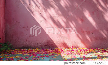 A pink wall with a sun shining through it and some flowers, AI A pink wall with a sun shining through it and some flowers, AI 113452239
