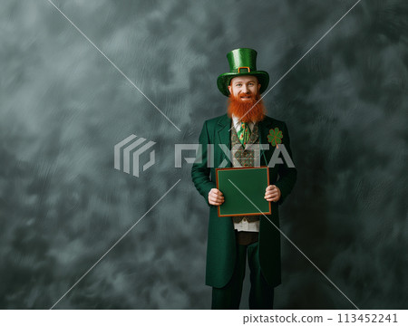 Man hat green traditional Irish attire holding Happy St. Patrick's Day sign. Copy space. 113452241
