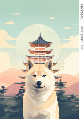 Travel poster with cute Akita dog and Japan pagoda. Ai generated image 113452263
