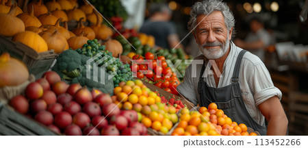 Smiling senior man vendor fruit market stall variety fresh produce. Outdoor market vendor portrait Smiling senior man vendor fruit market stall variety fresh produce. Outdoor market vendor portrait 113452266