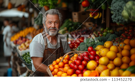 Smiling senior man vendor fruit market stall variety fresh produce. Outdoor market vendor portrait Smiling senior man vendor fruit market stall variety fresh produce. Outdoor market vendor portrait 113452270