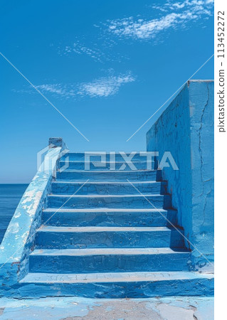A blue painted steps leading up to a wall with an ocean view, AI A blue painted steps leading up to a wall with an ocean view, AI 113452272
