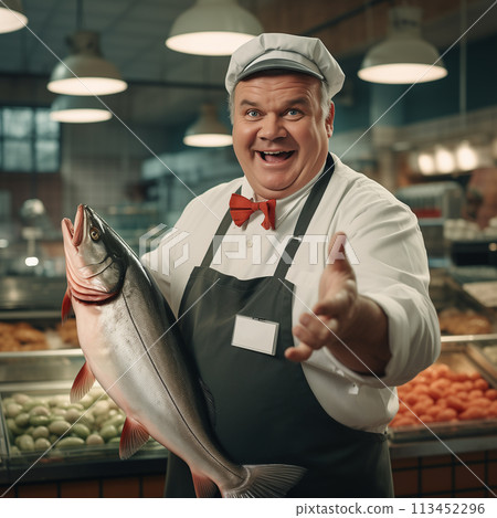 Cheerful chef holding large fish at market. Seafood market concept, copy space, design advertising 113452296