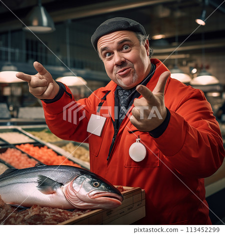 Cheerful seller holds big fish in market. Market shopping concept, copy space, design advertising Cheerful seller holds big fish in market. Market shopping concept, copy space, design advertising 113452299