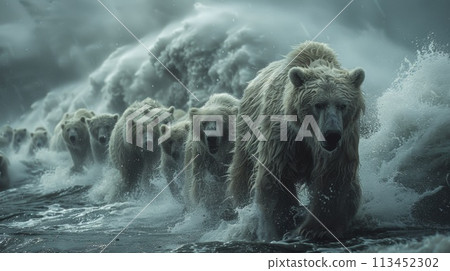 A group of polar bears walking through a large body of water, AI 113452302