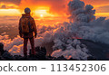 A man standing on top of a mountain looking at the sky, AI 113452306