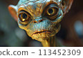 A close up of a statue that looks like an alien, AI 113452309