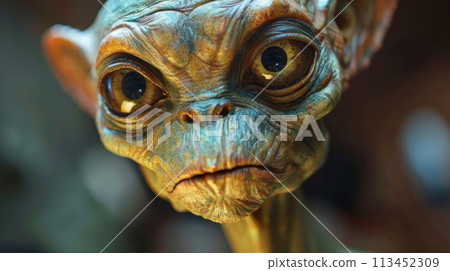 A close up of a statue that looks like an alien, AI 113452309