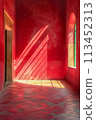 A red room with a window and some sunlight coming through, AI 113452313