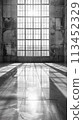 A large window in a room with concrete floor and walls, AI 113452329