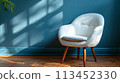 A white chair sitting in front of a blue wall with plants, AI 113452330